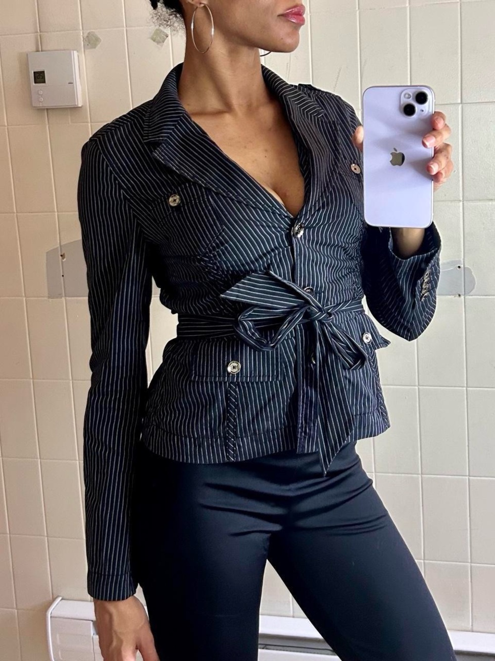 Y2K Express Pinstripe Tie-Waist Blouse